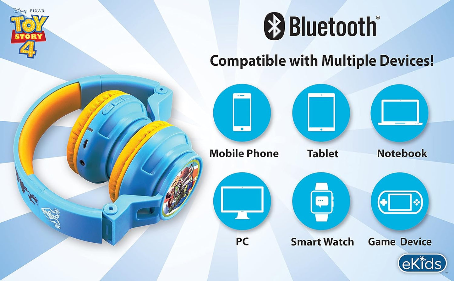 Toy Story 4 Kids Bluetooth Headphones, Wireless Headphones with Microphone Includes Aux Cord, Volume Reduced Kids Foldable Headphones for School, Home, or Travel