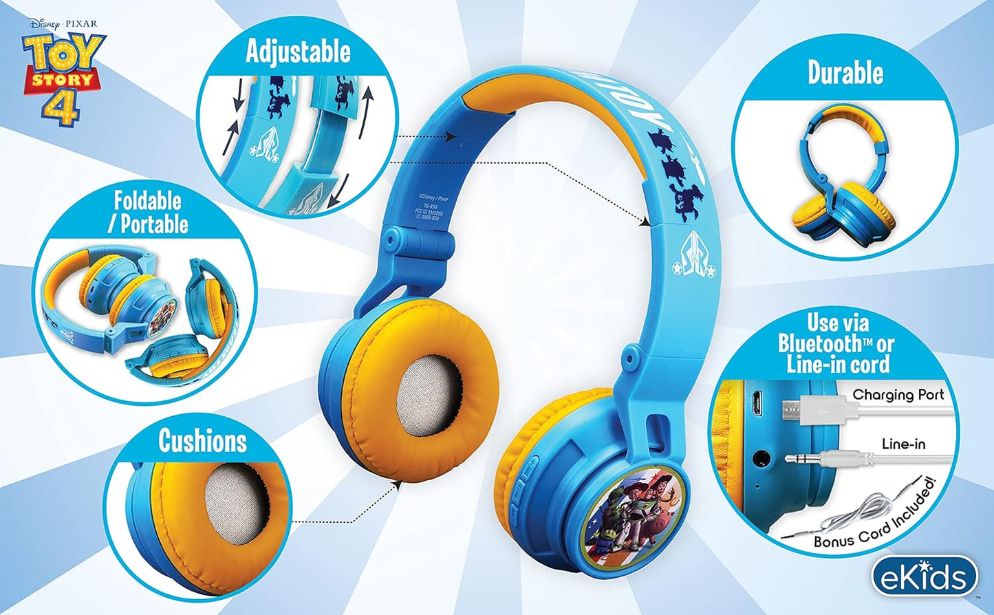 Toy Story 4 Kids Bluetooth Headphones, Wireless Headphones with Microphone Includes Aux Cord, Volume Reduced Kids Foldable Headphones for School, Home, or Travel